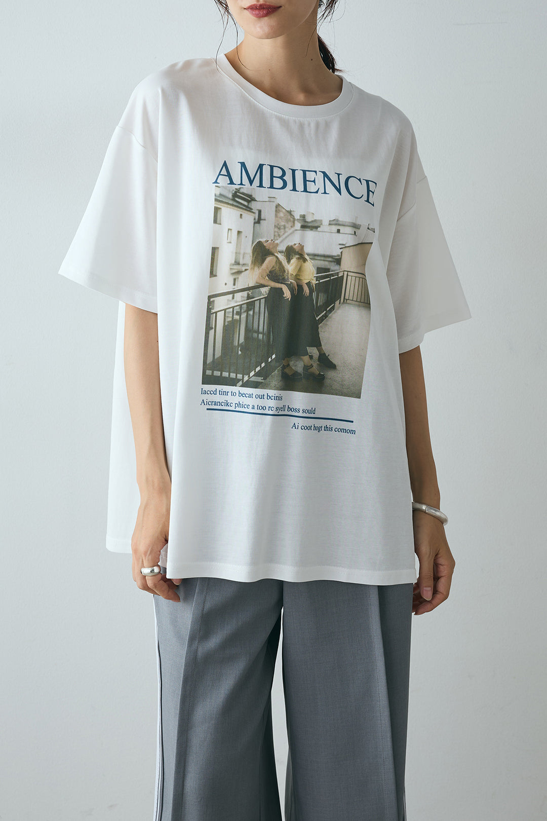 [SET]AMBIENCEフォトプリントTシャツ+サイドラインワイドスラックスパンツ(2set)