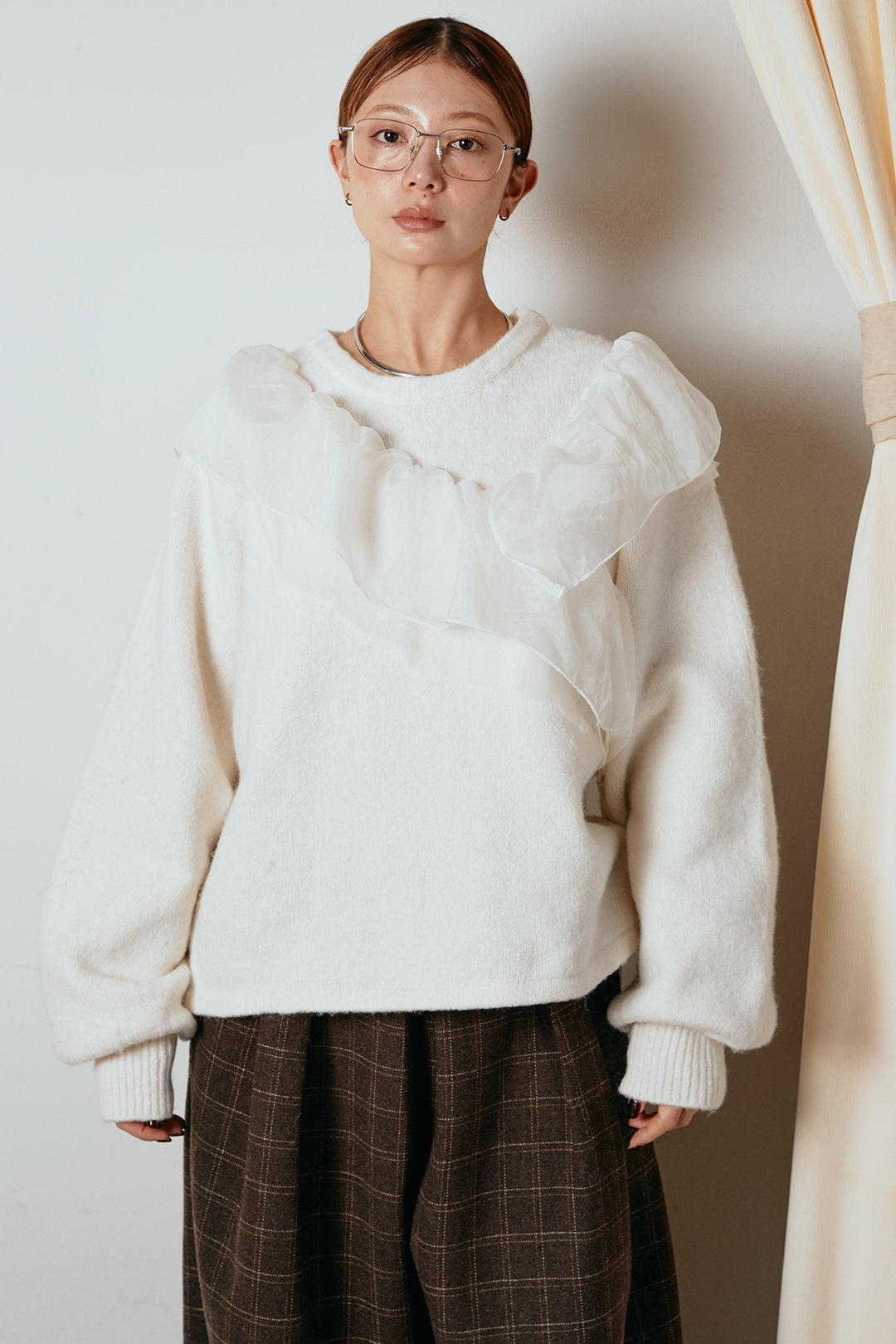 [SET]アシンメトリーフリルニットトップス+ポーチベルト付きカーブパンツ(2set)