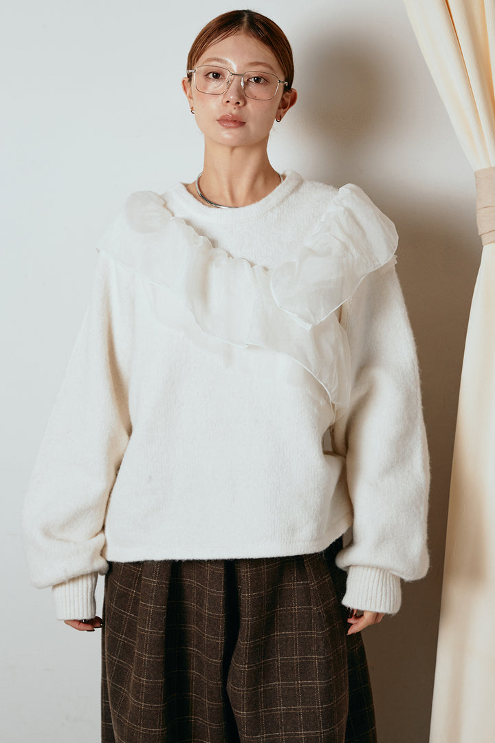 [SET]アシンメトリーフリルニットトップス+ポーチベルト付きカーブパンツ(2set)