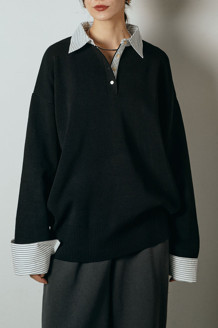 [SET]ストライプシャツドッキングポロトップス+裏起毛スウェットワイドパンツ(2set)