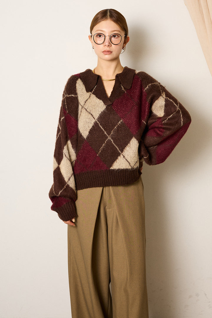 [SET]アクリルモヘアアーガイルキーネックプルオーバー+フロントワイドタックネップ入ワイドパンツ(2set)