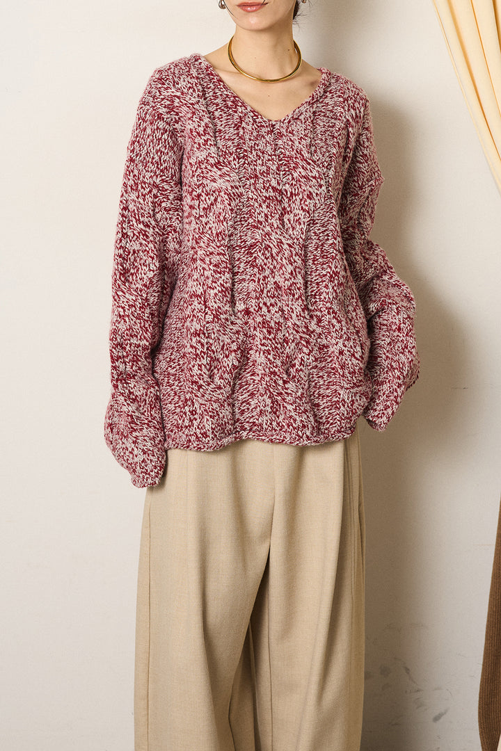 [SET]Vネックミックス編みニットトップス+スウェードライク裾フリンジスカート(2set)