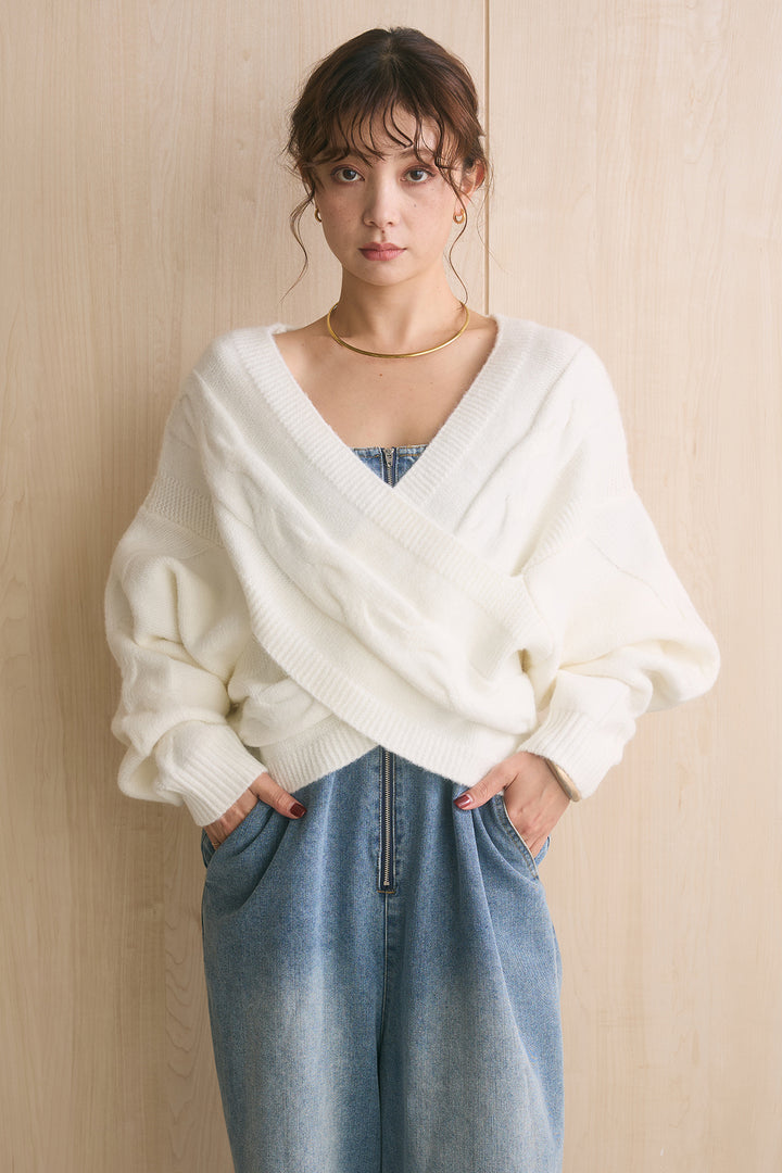 [SET]ケーブルカシュクールニットトップス+フロントジップストラップデザインデニムサロペット(2set)