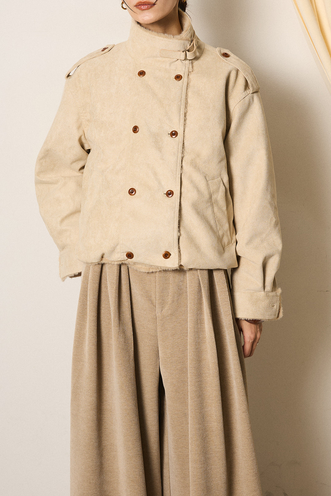 [SET]スタンド襟スウェードライクアウター+デニムロングフレアスカート(2set)