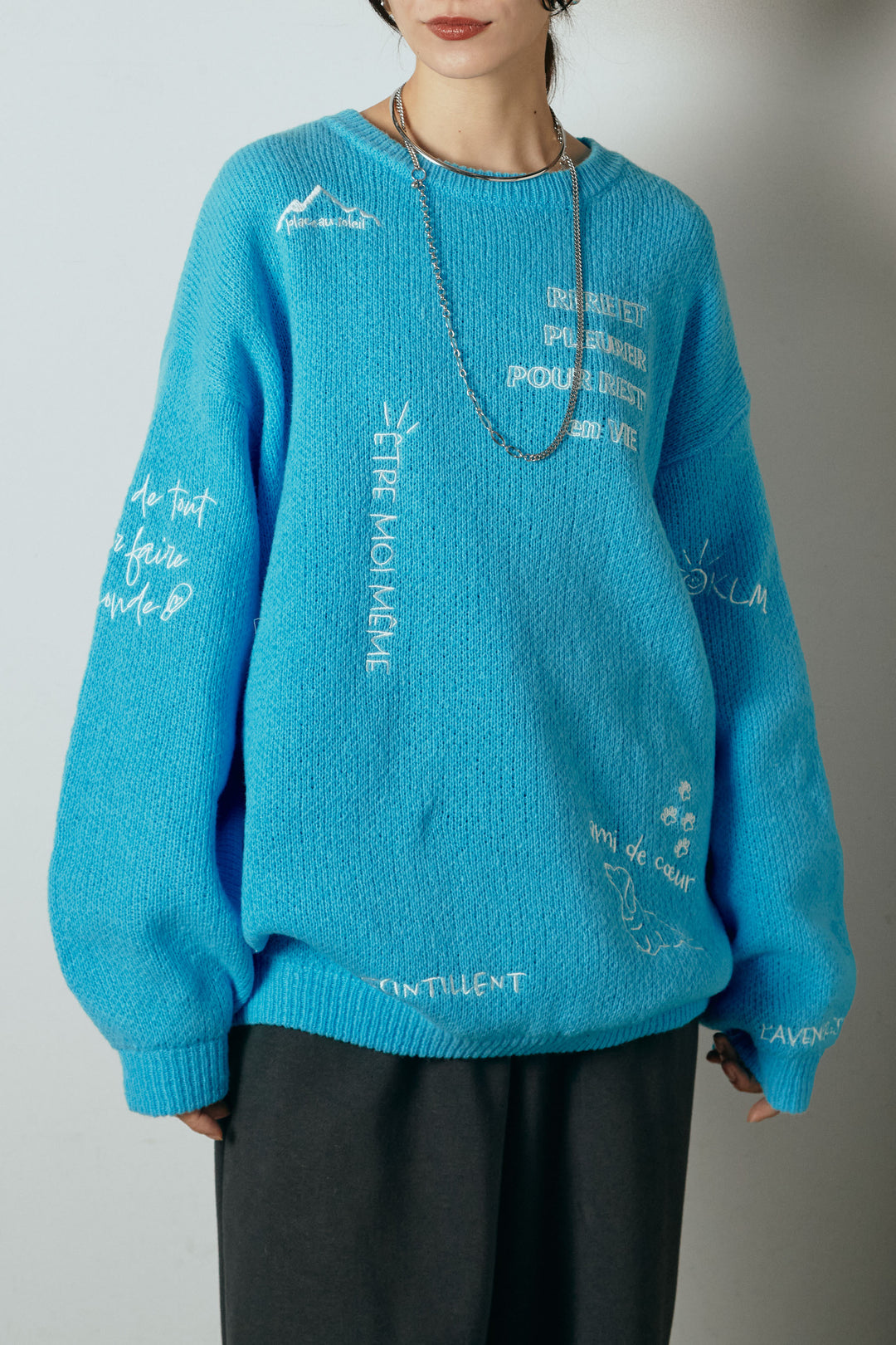 [SET]刺繍ロゴランダムデザインニットトップス+ベルト付きレザーライクタックパンツ(2set)