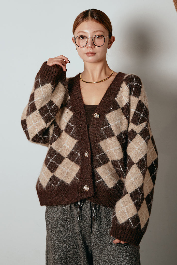 [SET]オーバーサイズ総柄Vネックニットカーディガン+杢ニットフレアパンツ(2set)