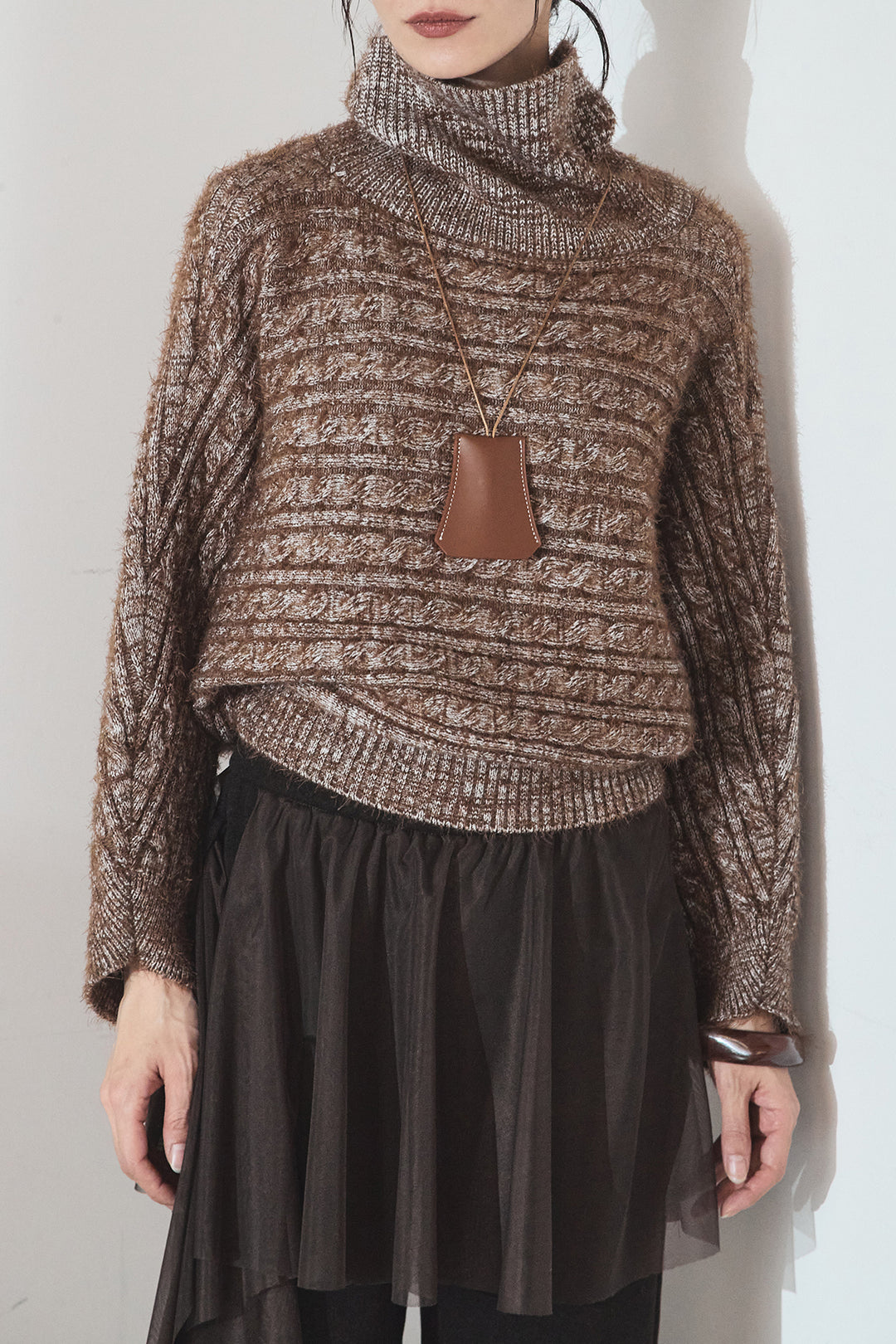 [SET]ミックス編みドルマンニットトップス+チュールレイヤードニットパンツ(2set)