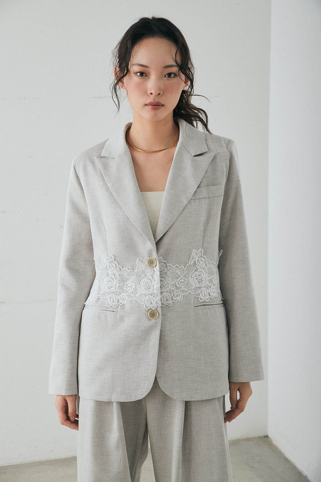 [SET]リネンタッチレースデザインジャケット+裾レースデザインデニムスカート(2set)