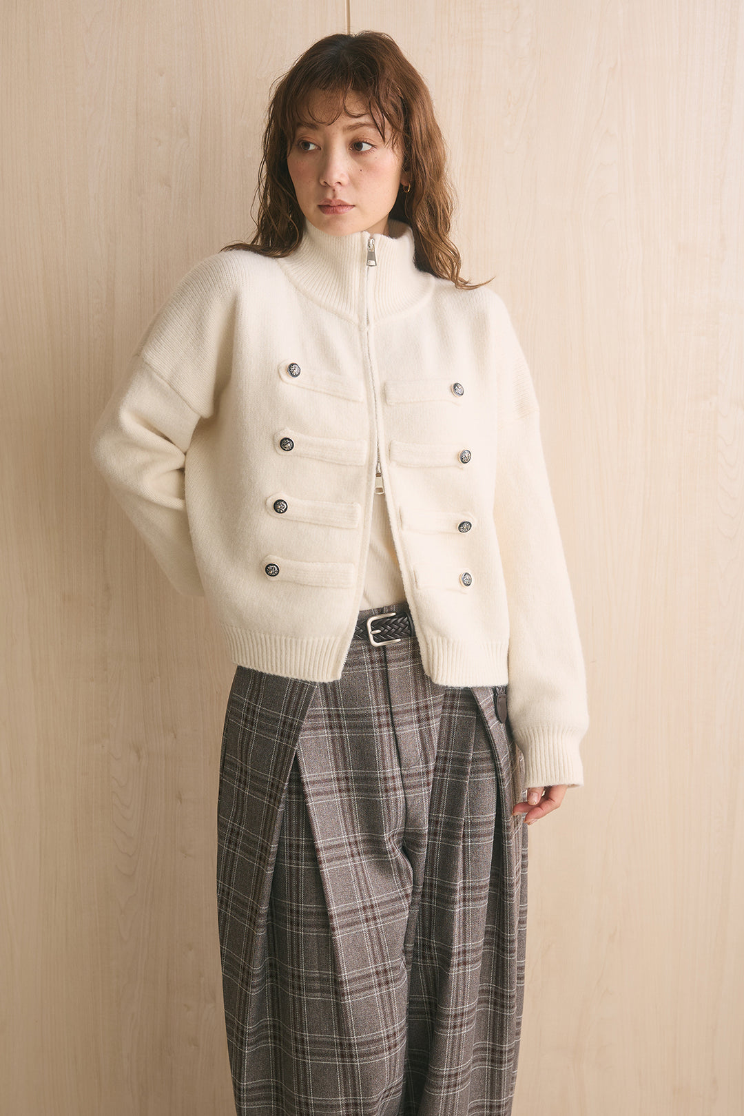 [SET]ナポレオンボタンハイネックニットブルゾン+ブリティッシュチェックバレルパンツ(2set)