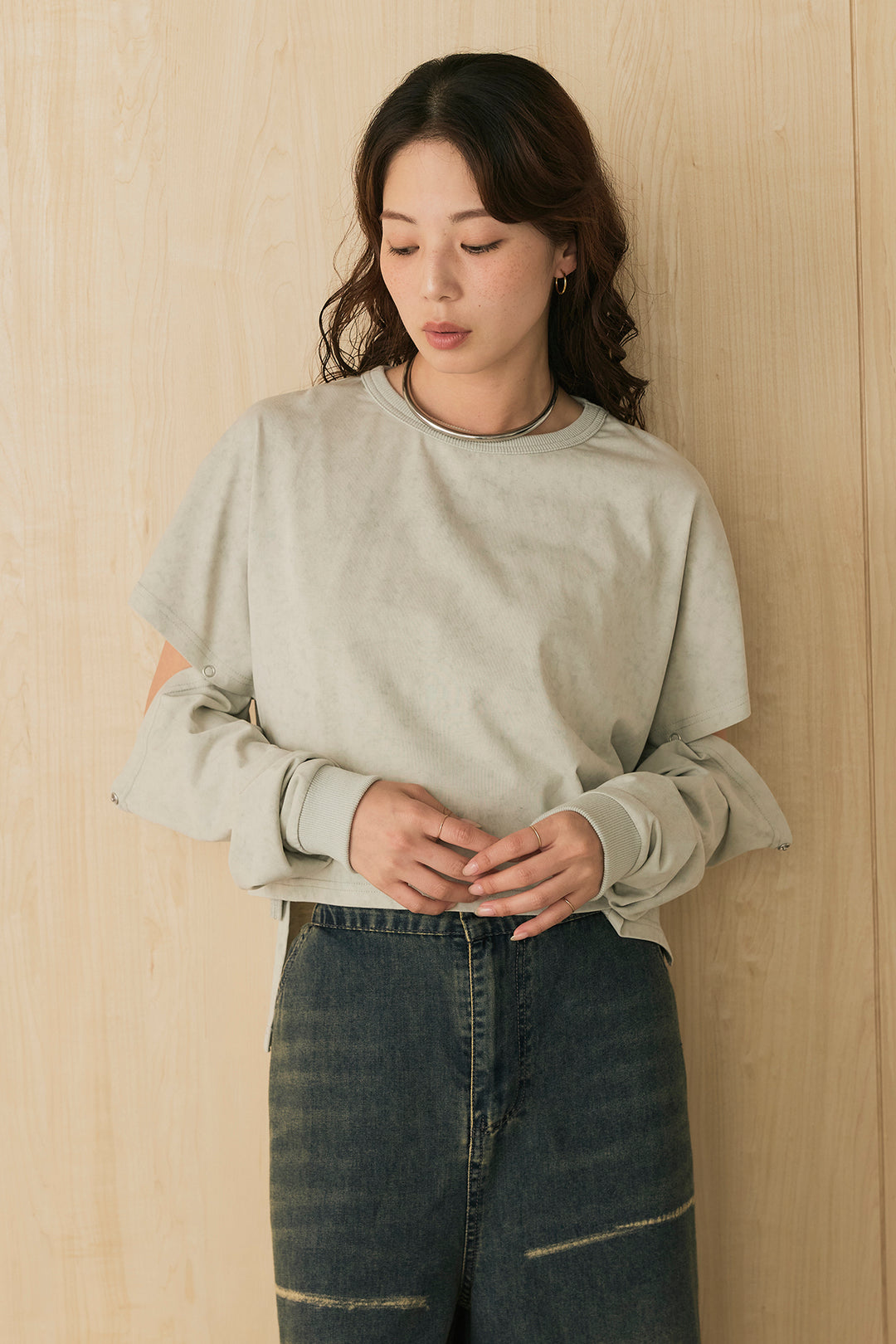 [SET]セパレートフェードTシャツ+ランダムダメージデニムワイドパンツ(2set)