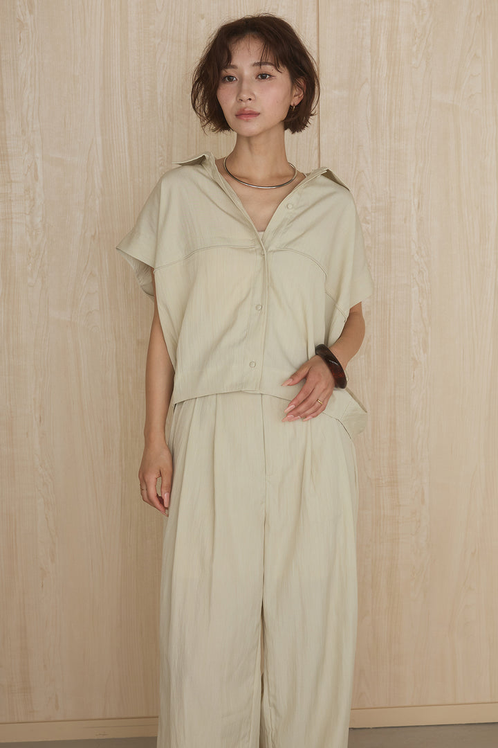 [SET]リネンライクランタンノースリシャツ+リネンライク2タックワイドパンツ(2set)