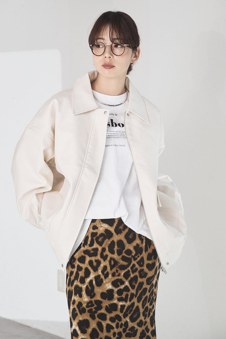 [SET]レザーライクオーバーサイズブルゾン+レオパードサテンナロースカート(2set)