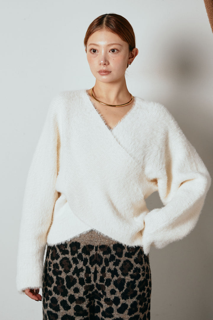 [SET]シャギーカシュクールニットトップス+ルーズタータンチェックワイドパンツ(2set)