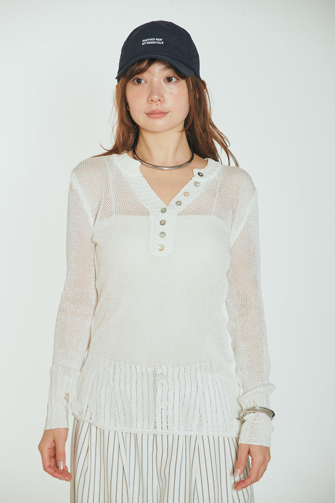 [SET]ヘンリーネックダメージニットプルオーバー+ビックベルトループタックベルト付きワイドパンツ(2set)