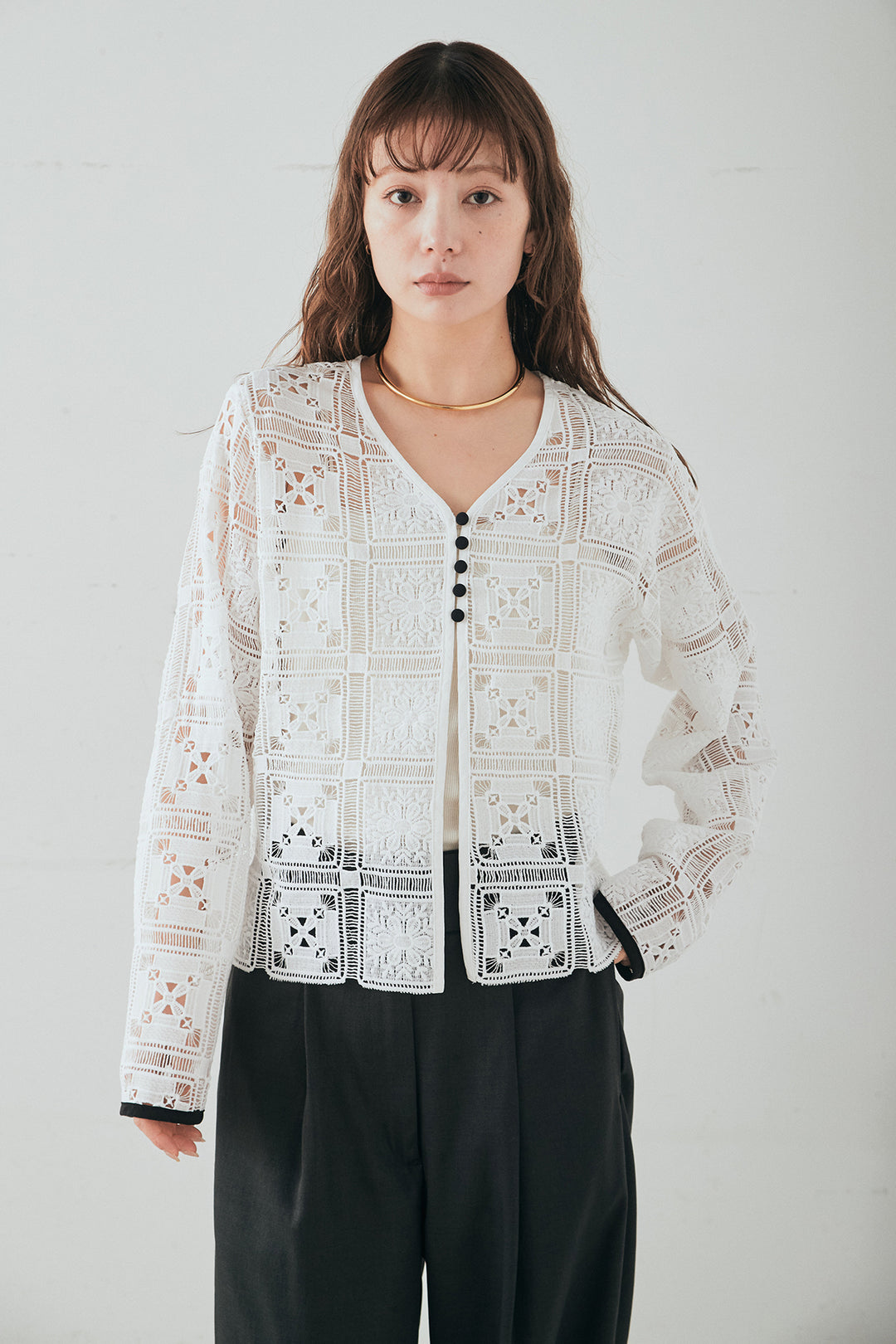 [SET]クロシェレースカーディガン+センタープレスセミワイドパンツ(2set)