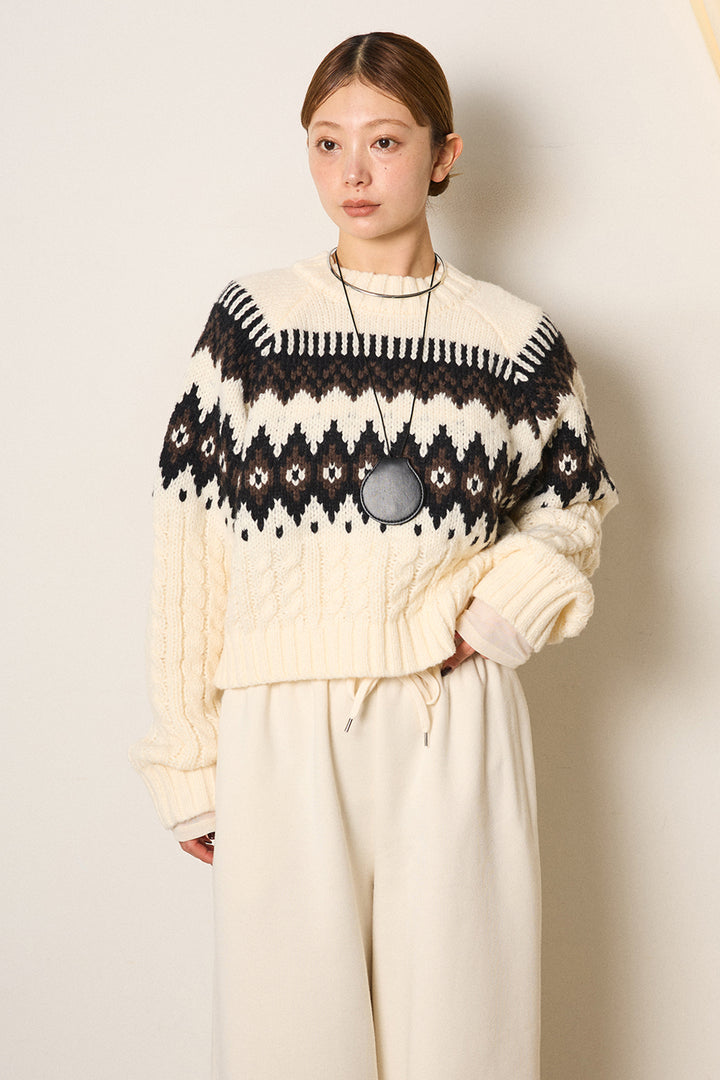 [SET]2WAY求心柄ジャガードショートカーディガン+起毛タック入りツイードワイドパンツ+2WAY袖コード刺繍クルーネックプルオーバー(3set)