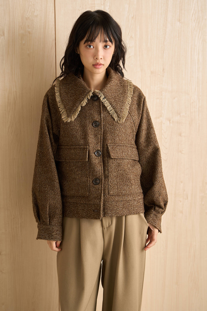 [SET]ネップヘリンボーンビックカラーフリンジブルゾン+ナポレオンボタンデザインワイドパンツ(2set)