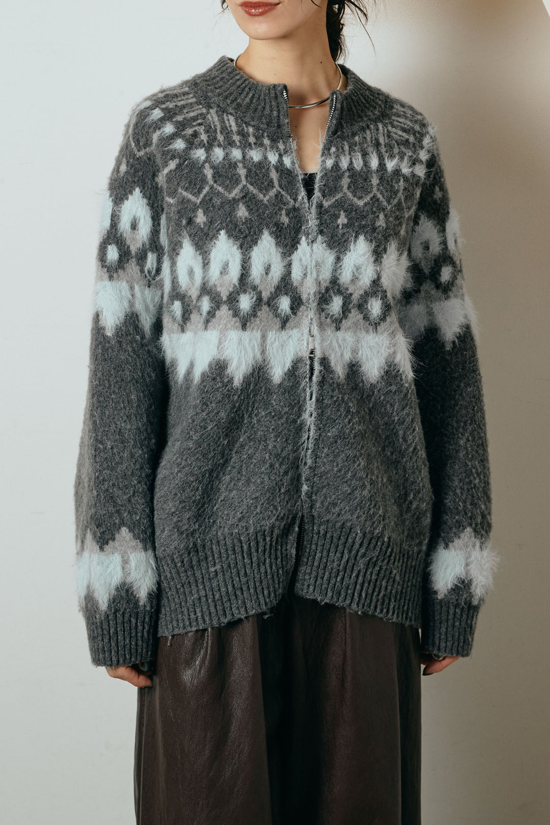 [SET]起毛ダブルジップパターンニットカーディガン+エコスウェードワイドスカート(2set)