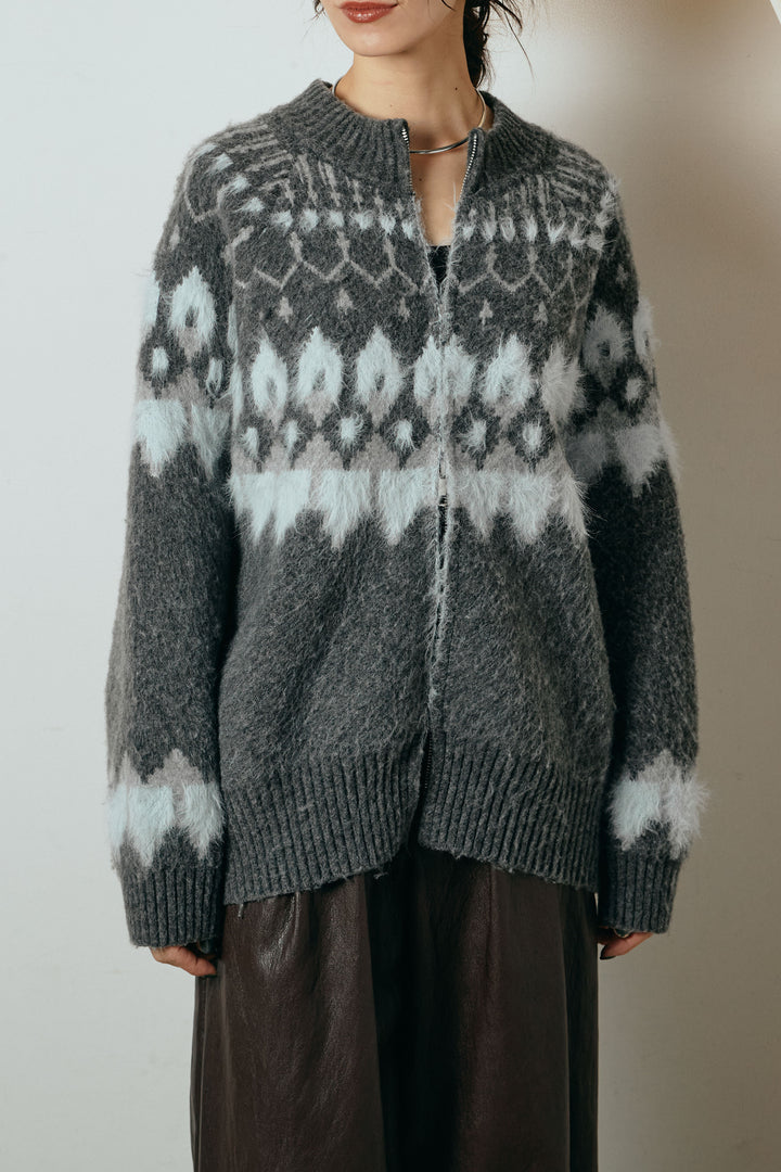 [SET]起毛ダブルジップパターンニットカーディガン+エコスウェードワイドスカート(2set)