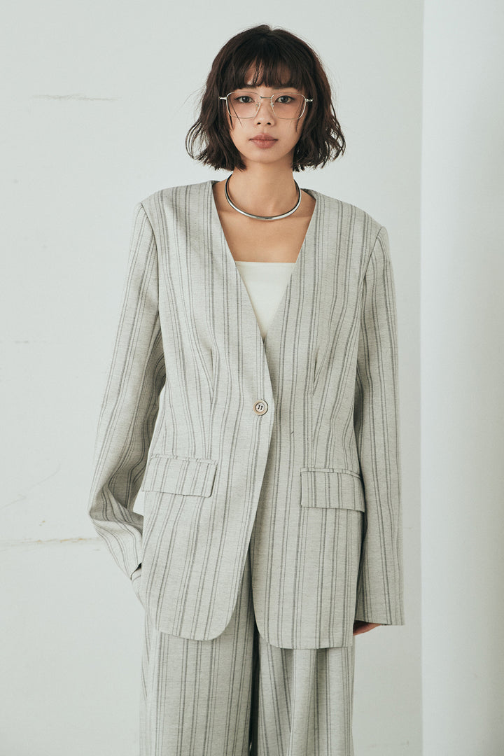 [SET]ノーカラーピンストライプジャケット+ピンストライプワイドスラックス(2set)