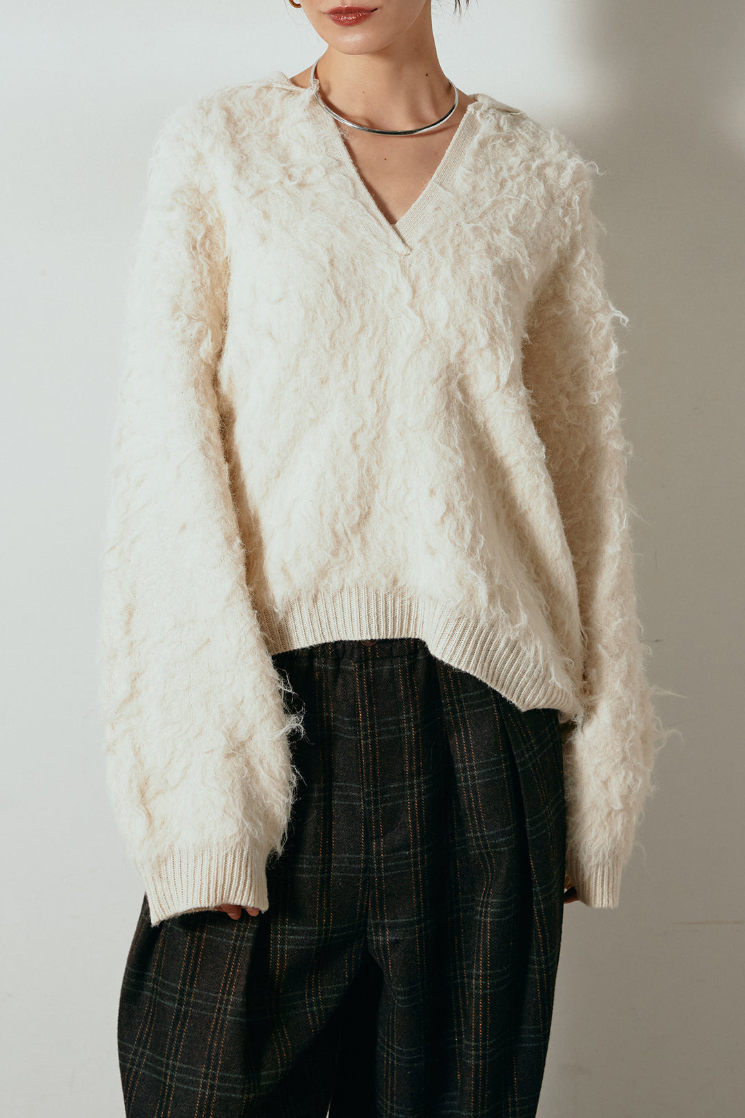 [SET]襟付きシャギーニットポロトップス+マルチライン柄リラックスニットパンツ(2set)