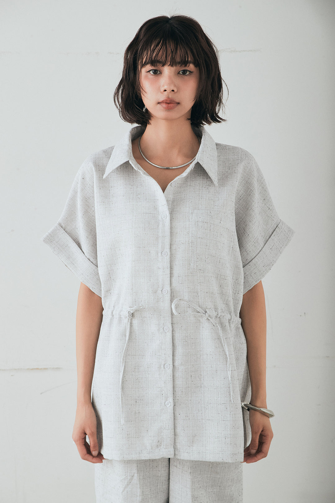 [SET]ツイードウエストドロストシャツ+ツイードタックパンツ(2set)