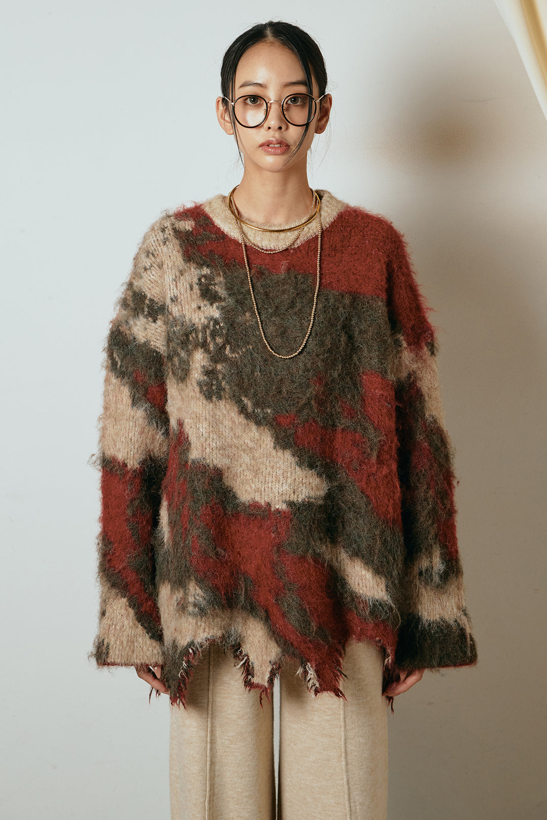 [SET]起毛裾デザインニュアンス柄ニットトップス+エコスウェードワイドスカート(2set)