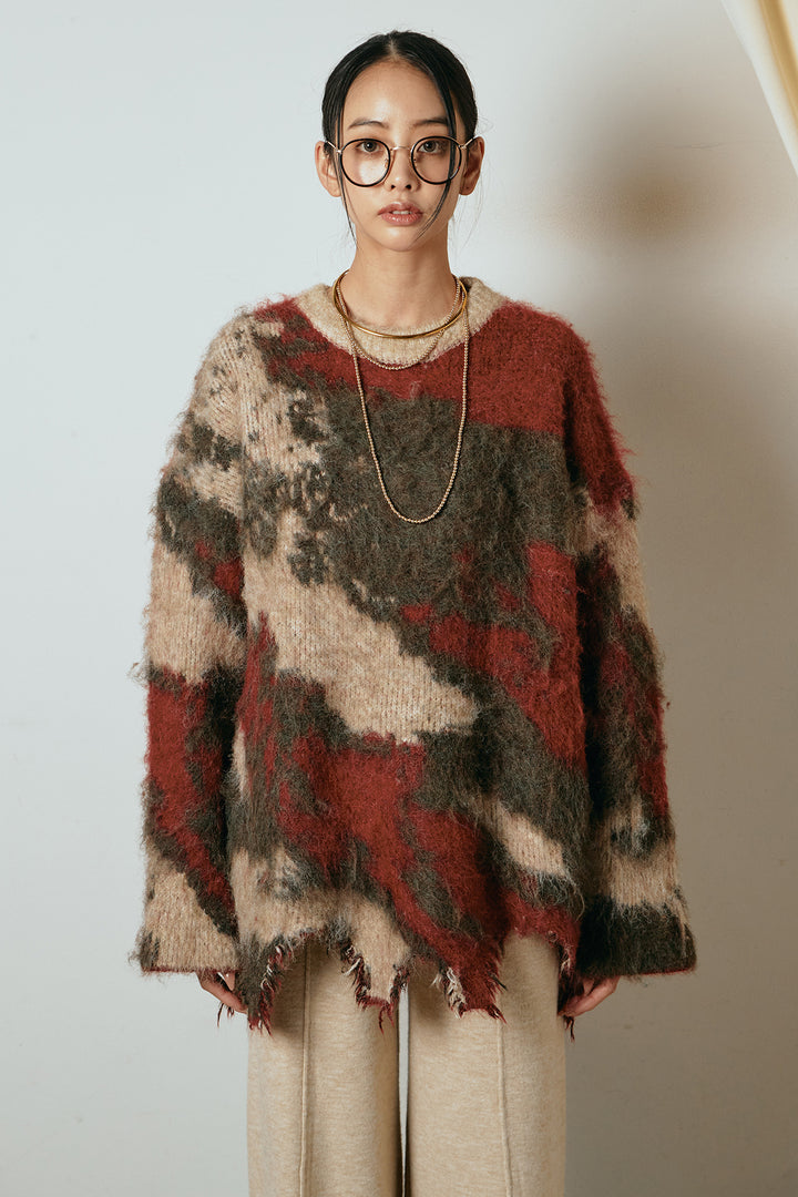 [SET]起毛裾デザインニュアンス柄ニットトップス+エコスウェードワイドスカート(2set)