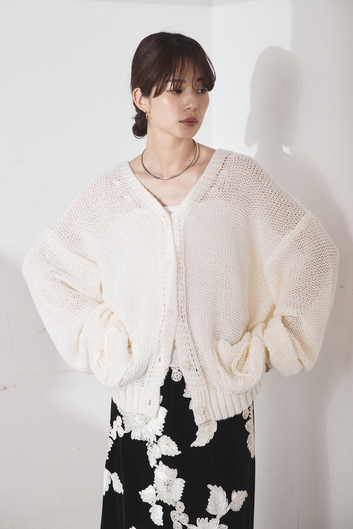 [SET]コード刺繍リラックスニットカーディガン+フラワー刺繍ワイドスカート(2set)