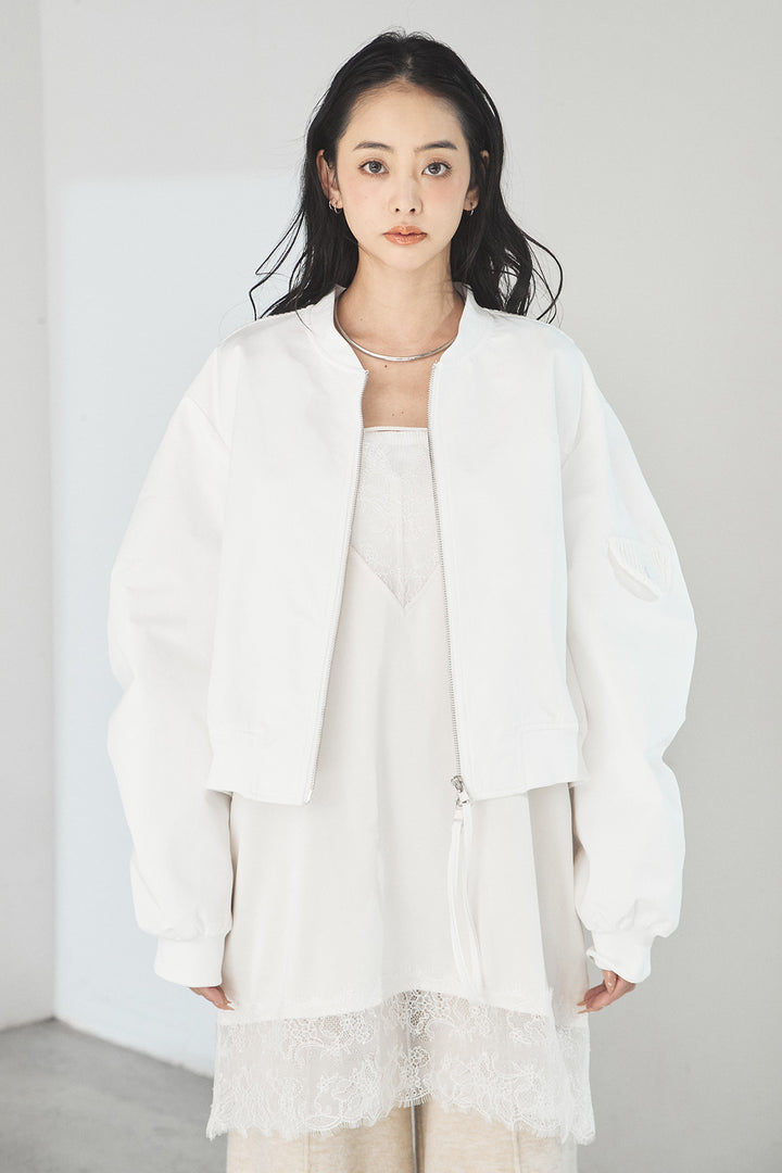 [SET]袖ギャザーデザインブルゾン+レース切り替えキャミソール+デニムアシメカーブパンツ(3set)