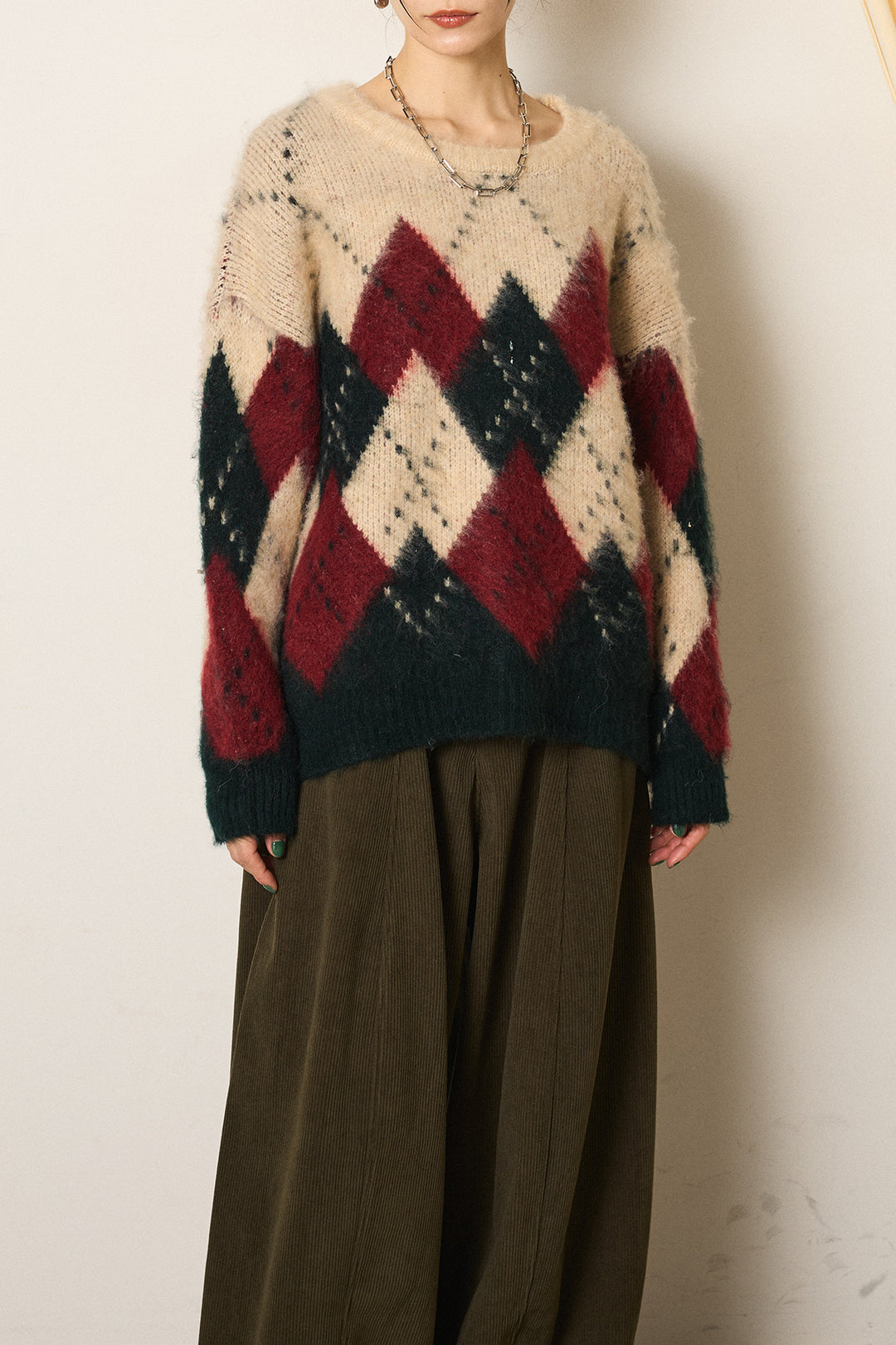 [SET]配色アーガイル柄ニットトップス+編みベルト付きワイドパンツ(2set)