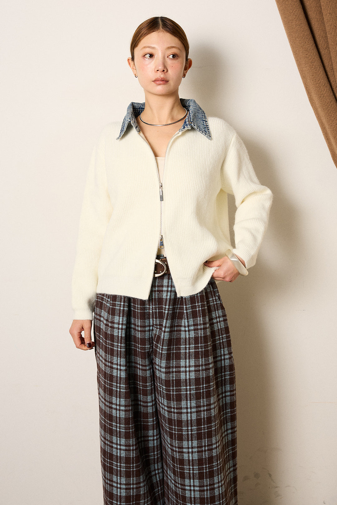 [SET]デニム襟ダブルジップニットトップス+ベルトループコーデュロイワイドパンツ(2set)