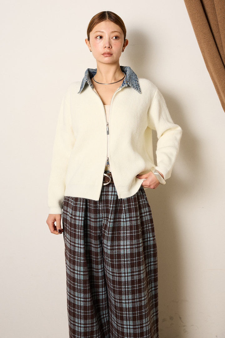 [SET]デニム襟ダブルジップニットトップス+ベルトループコーデュロイワイドパンツ(2set)