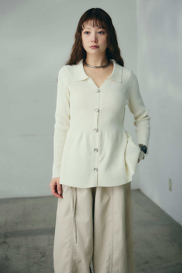 [SET]スキッパーペプラムニット+フェイクレザーカーブワイドパンツ(2set)