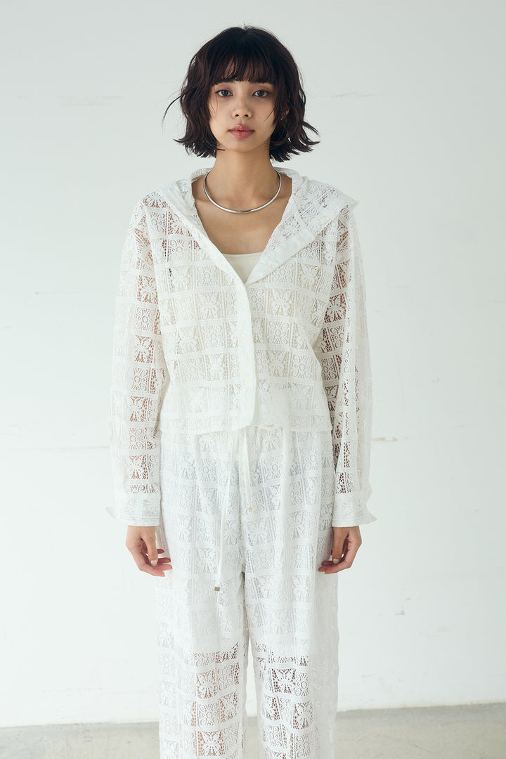 [SET]パッチワークレースショート丈フードシャツ+パッチワークレースイージーパンツ(2set)