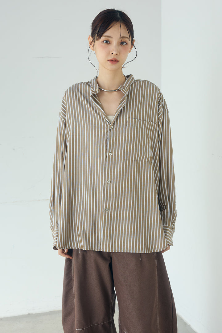 [SET]レーヨンストライプスカーフ+麻混タックワイドパンツ+レーヨンストライプバンドカラー長袖シャツ(3set)