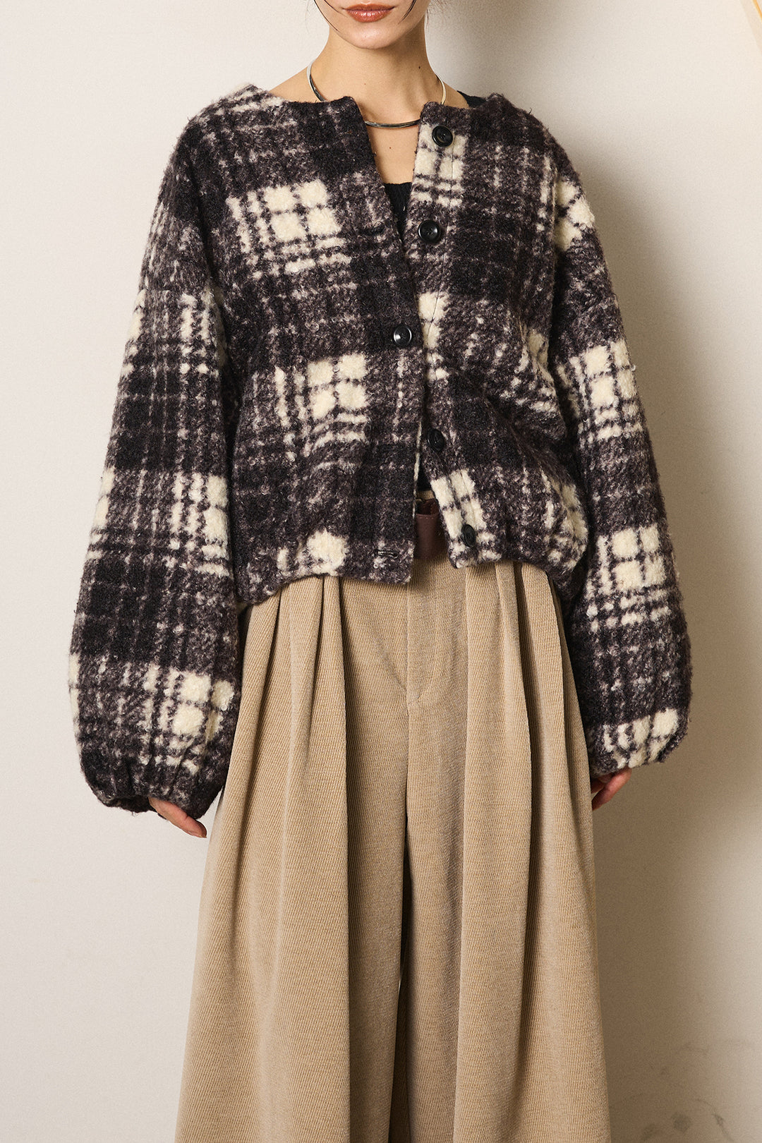 [SET]ノーカラーチェック柄ボアブルゾン+デニムロングフレアスカート(2set)