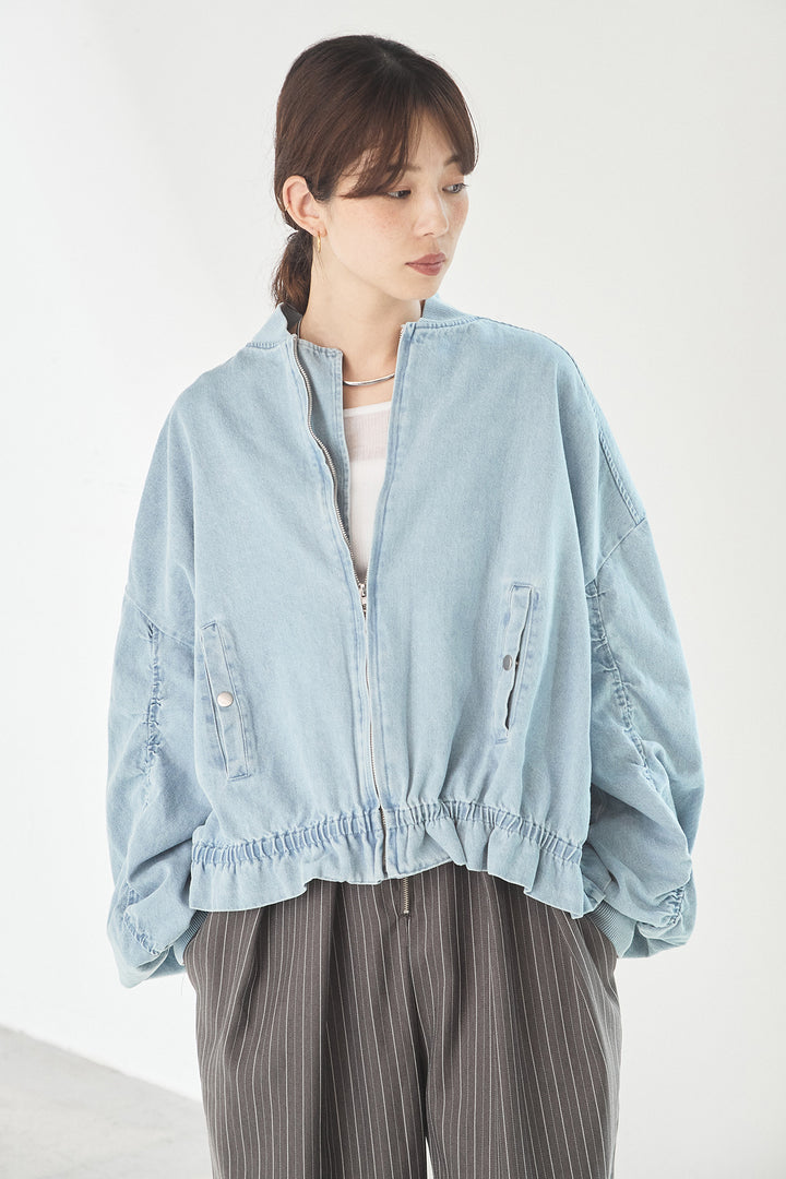 [SET]袖シャーリング裾フリルデニムブルゾン+レオパードサテンナロースカート(2set)