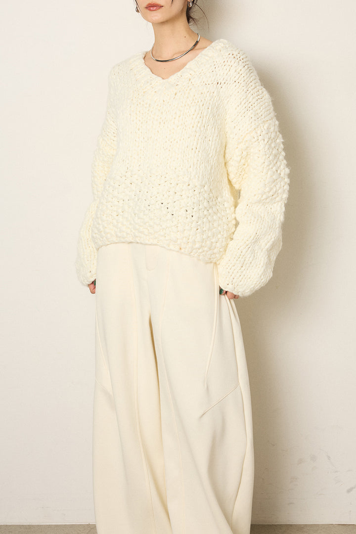 [SET]Vネックハンド編みニットトップス+レース切り替えキャミソール(2set)