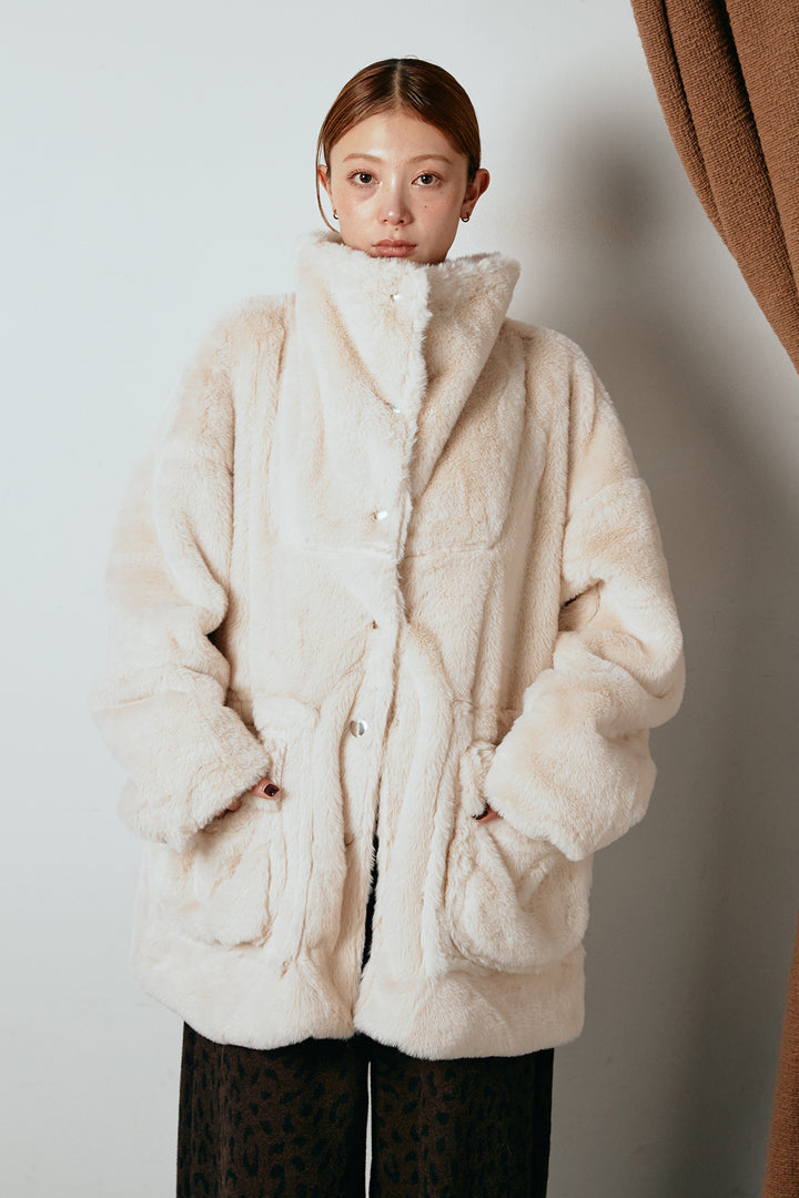 [SET]スタンドネックファーコート+レオパードジャガードニットパンツ(2set)