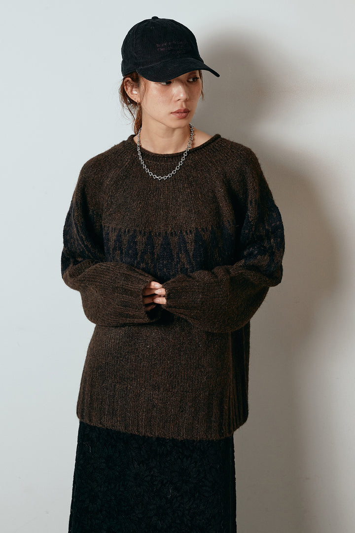 [SET]モノトーン柄ニットトップス+花柄刺繍ベロアフレアスカート(2set)