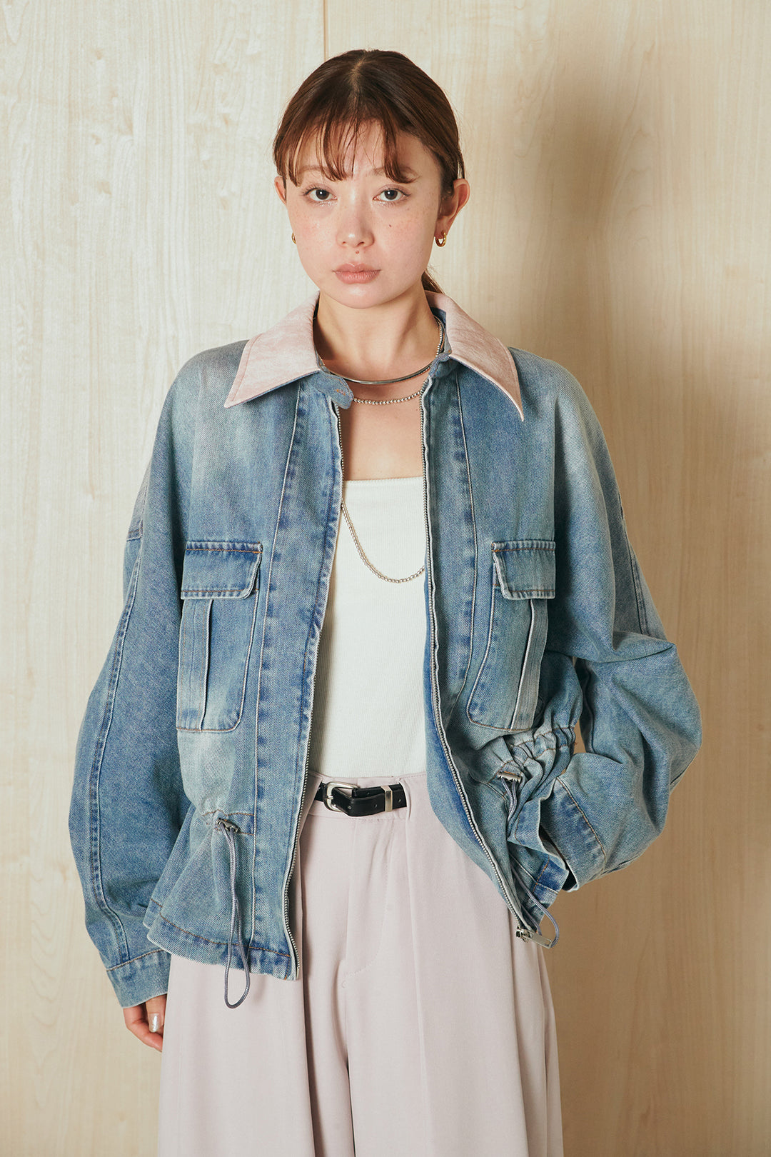 [SET]襟付き配色デニムブルゾン+ビックベルトループタックベルト付きワイドパンツ(2set)