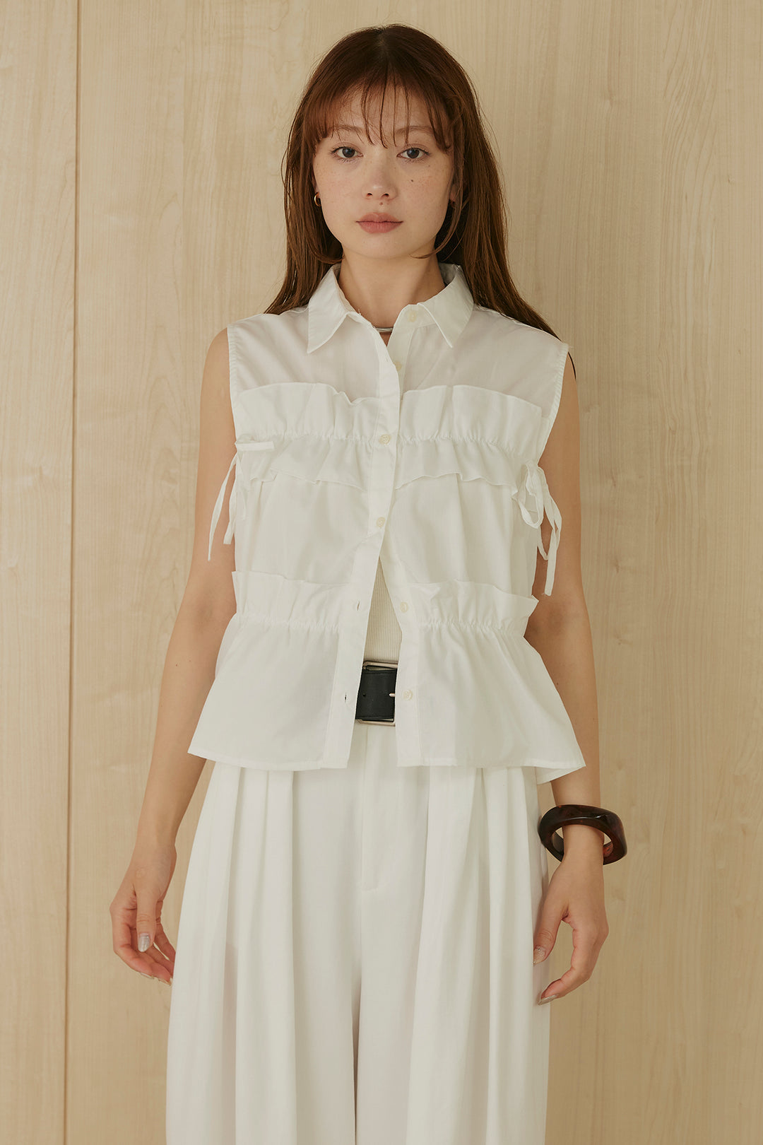 [SET]ノースリフロントフリルブラウス+ニーサイドタックボリュームカーブパンツ(2set)