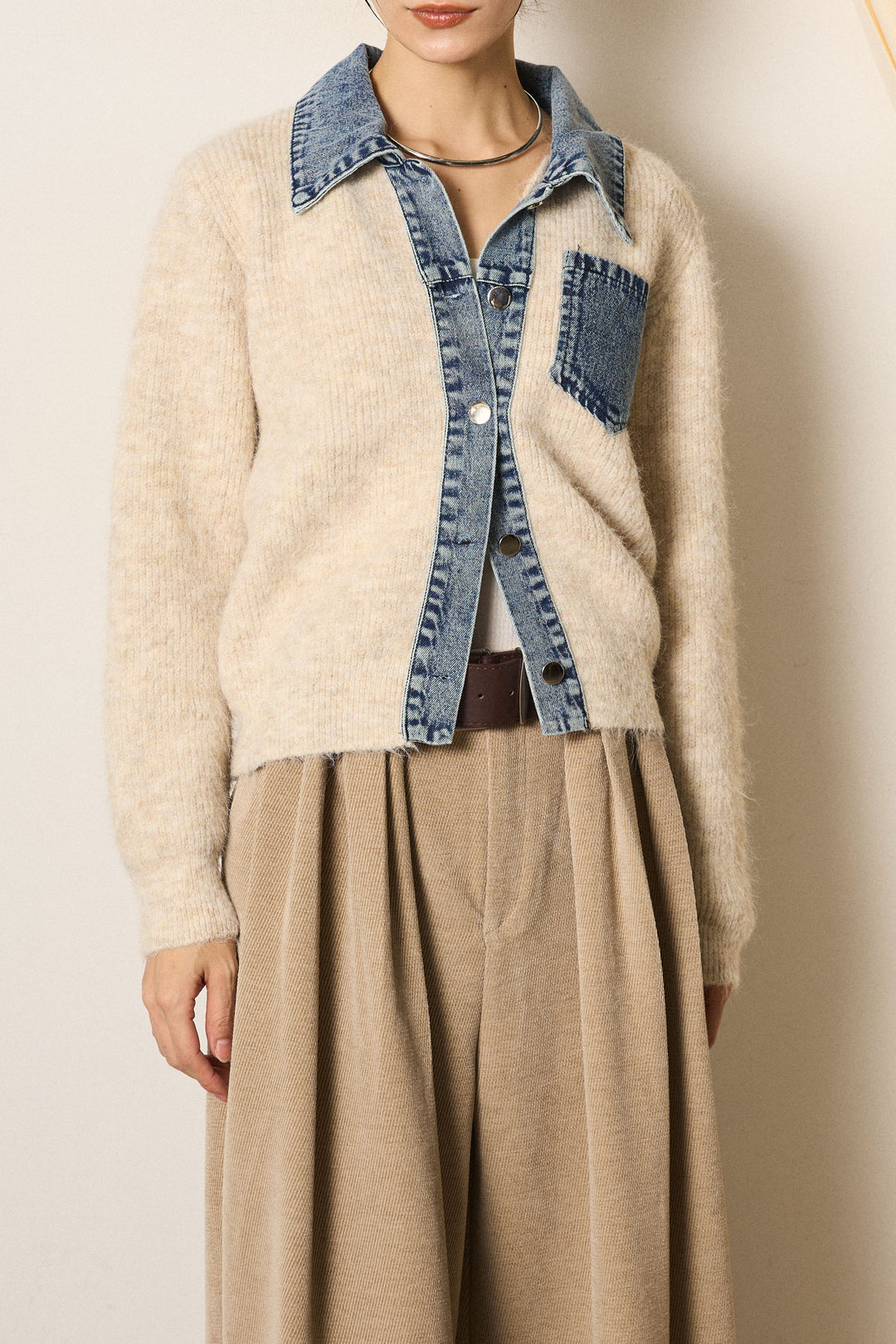 [SET]襟付きデニム切替ニットカーディガン+ベルトループコーデュロイワイドパンツ(2set)