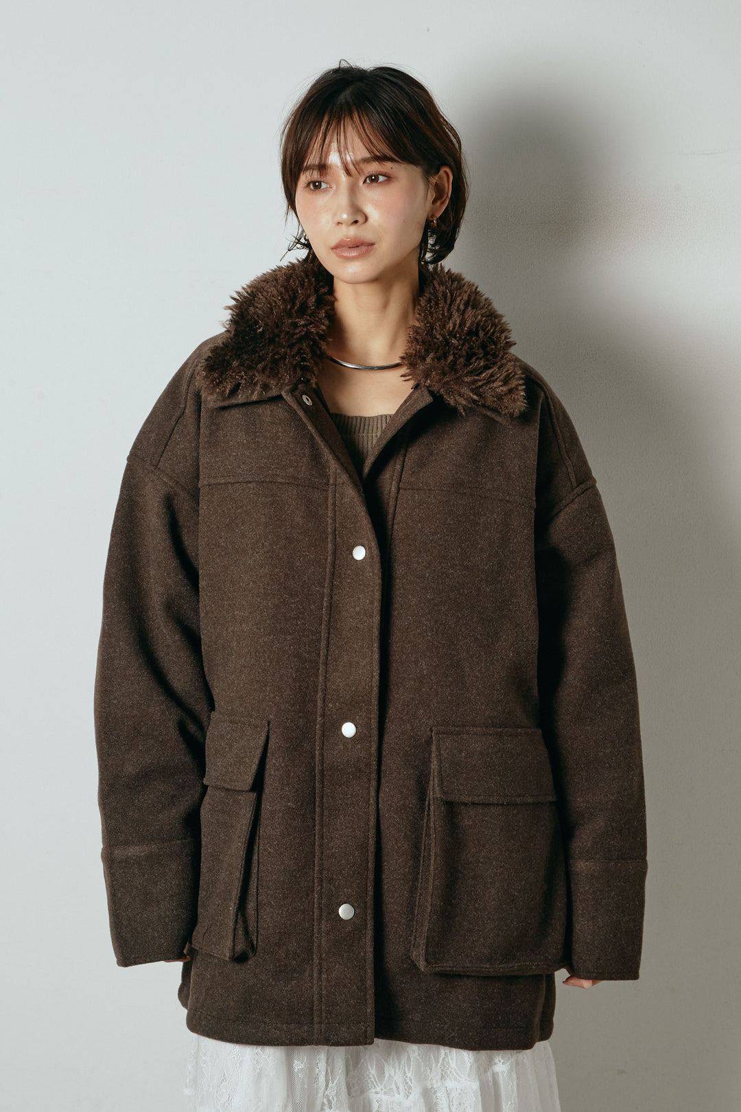 エコウール衿ファー薄中綿入りミドルカバーオール