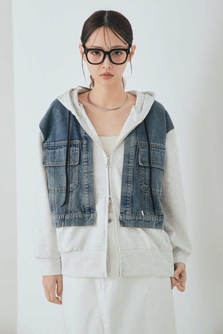 [SET]デニム切替ポンチダブルジップパーカー+テンセルデニムイージーワイドパンツ(2set)