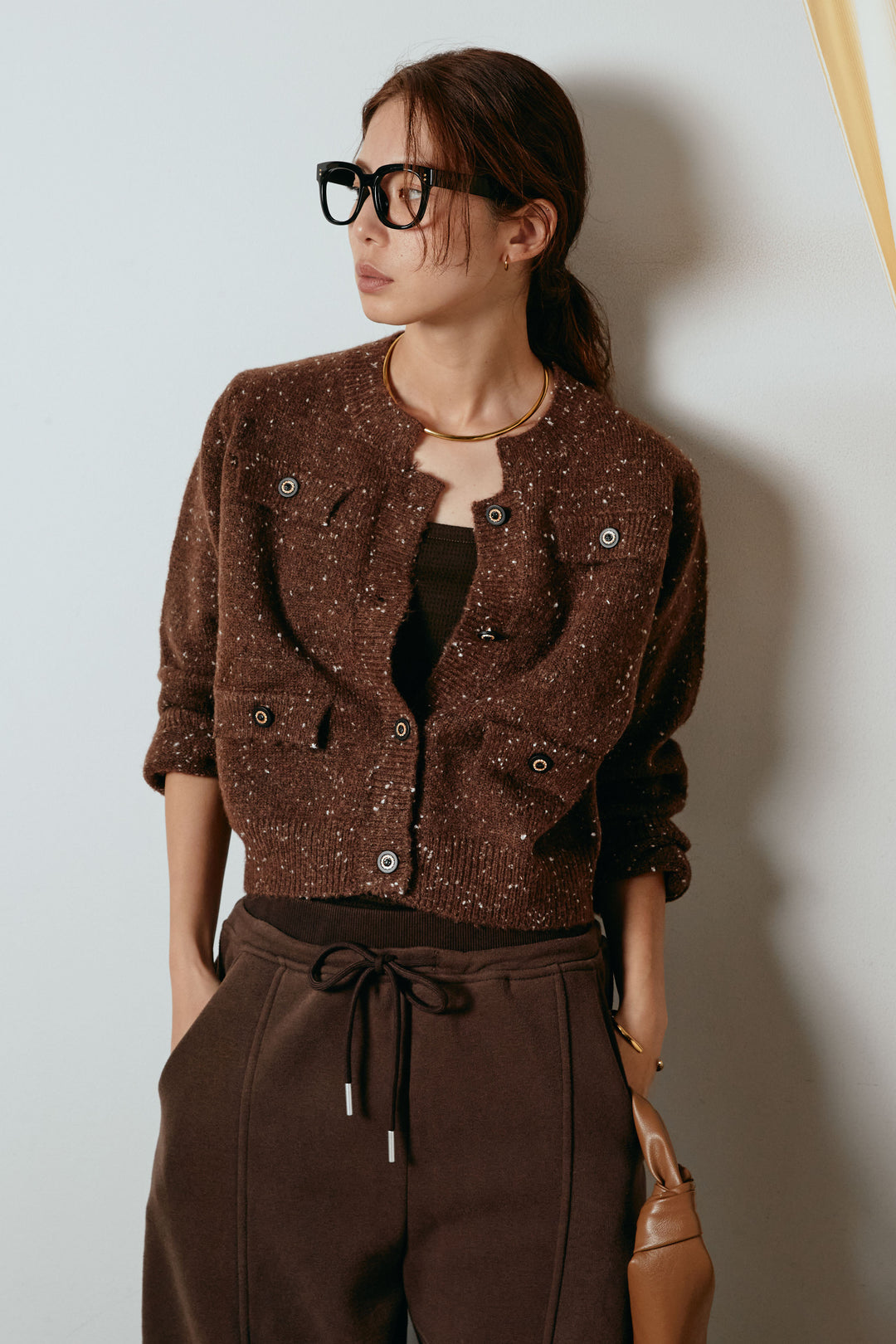 [SET]ネップニットカーディガン+スウェットワイドカーブパンツ(2set)