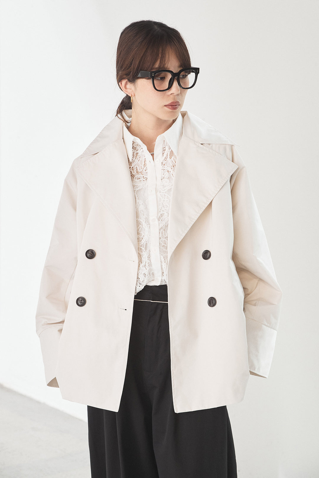 [SET]ナイロントレンチコート+合繊ツイルパイピングタックカーブパンツ(2set)