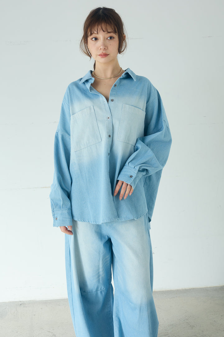 [SET]ヴィンテージ加工デニムオーバーシャツ+ヴィンテージ加工デニムワイドパンツ(2set)
