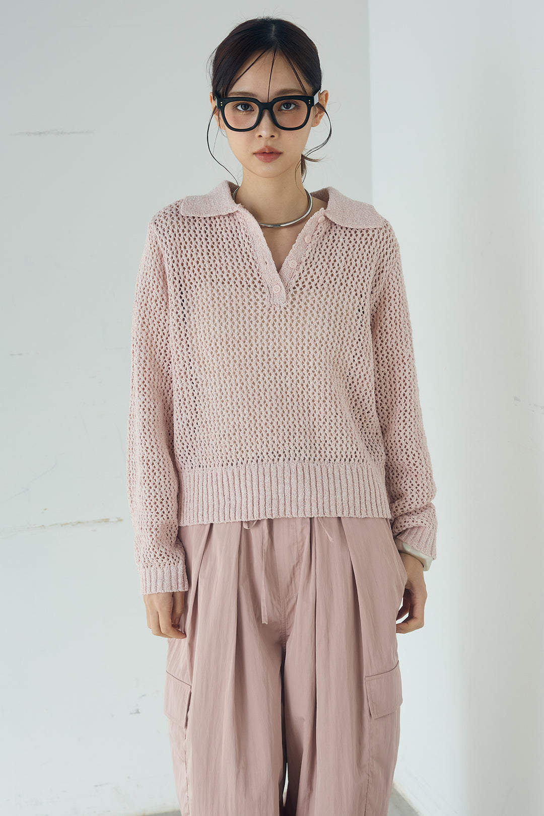 [SET]ミックスメッシュポロニット+麻混タックワイドパンツ(2set)